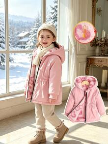 SHEIN Elladie kids 女童冬季嬰兒白色愛心保暖內裡拉鍊連帽衛衣，彈性腰圍加厚保暖時尚戶外通勤外套 - 粉色 - 查看 4