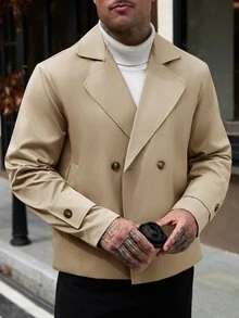 Manfinity CasualCool Men's Casual Solid Color Double-Breasted Trench Coat Jacket - Khaki - View 3