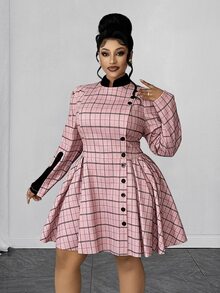 Maweii Plus Size Vintage Sweet Plaid Cinched Waist Button Pleated Dress Fall - Multicolor - View 2