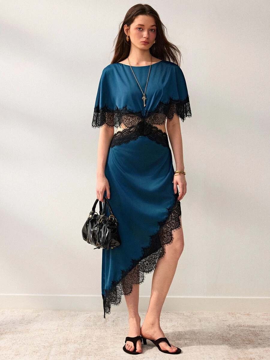 Willow Rêve Women's Green Batwing Sleeve Waist Cutout Contrast Lace Asymmetrical Hem Midi Dress - Green - View 1