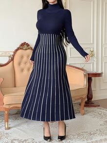 DAZY Autumn/Winter High Neck Ribbed Fitted Elegant Commute Date Navy Blue Women Sweater Dress - Navy Blue - View 5