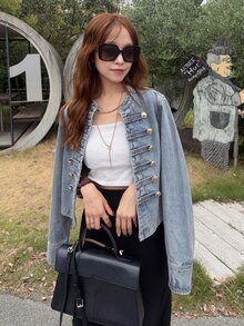FRIFUL Women's Long Sleeve Zipper Front Casual Napoleon Denim Jacket - Blue - View 9