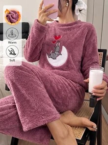 SHEIN Solid Color Cute Sleepy Bunny Moon Embroideried Plush Casual Fuzzy Pajama Set - Navy Blue - View 1