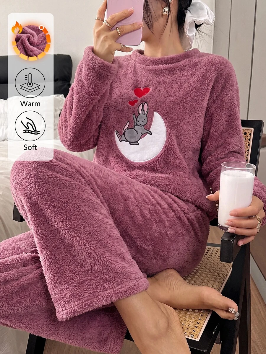 SHEIN Solid Color Cute Sleepy Bunny Moon Embroideried Plush Casual Fuzzy Pajama Set - Navy Blue - View 1