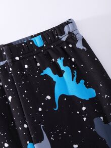 SHEIN 小男孩休閒極簡時尚經典聖誕保暖舒適居家服，恐龍星星圖案、卡通圖案，修身舒適圓領短袖長褲套裝，適合四季穿著 - 彩色 - 查看 4