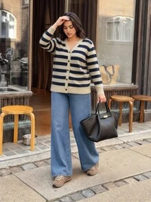 Elaquor Plus Size Women's Striped Long Sleeve Single-Breasted Casual Knit Cardigan - Black and White - View 6