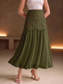 Anewsta Women's New Water-Soluble Hollow Embroidery Patchwork Ruched Full Flare Fashion Elegant Versatile Half Skirt - Green - View 4