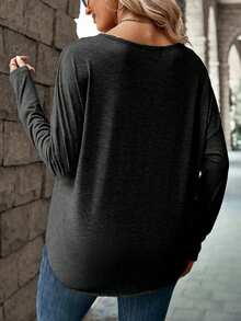 SHEIN LUNE Casual V-Neck Button Long Sleeve T-Shirt Top - Dark Grey - View 2