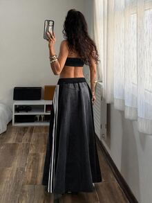 StreetHx Women's Drawstring Waist Side Stripe Casual Denim Skirt - Black - View 2