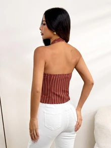 SHEIN PETITE سترة نسائية من القطن مخططة بياقة واقفة وأزرار أمامية فردية، بليزر خفيف للخريف/الشتاء - لون برتقالي - مشاهدة 2