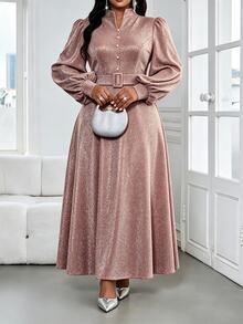 SHEIN Lady 大尺碼女款缺口V領燈籠袖鈕扣設計優雅洋裝 - 棕色 - 查看 5