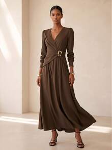 Vesra Women's Elegant Commute Solid Color Waist-Cinching Midi Dress - Brown - View 4