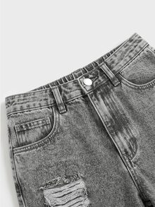 SHEIN Teen Girl Pocket Distressed Wide Leg Loose Casual Denim Jeans - Light Grey - View 6