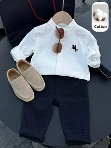 PrepCrw 小男孩春夏秋時尚休閒騎士圖案長袖襯衫與長褲套裝 - 彩色 - 查看 3