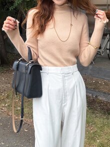 FRIFUL Women's Casual Solid Color Stand Collar Sweater, Autumn/Winter - Apricot - View 3
