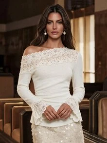 Anewsta Women's Elegant Romantic Heavy Embellished Lace Trim Beaded Base Layer Top Wedding Date Dinner Off White Fall - Apricot - View 2