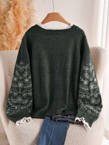 CosyJoli 大尺碼休閒花卉刺繡針織衫，秋冬款 - 墨綠色 - 查看 2