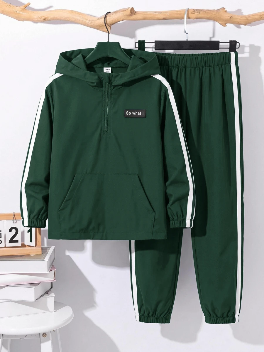SHEIN 2件組兒童小男孩休閒日常百搭舒適拼接連帽半拉鍊套頭寬鬆長袖外套與寬鬆慢跑褲梭織套裝 - 綠色 - 查看 1