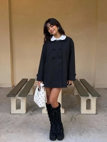 Sweetina Women's Square Neck Double-Breasted Bow Cape Coat Jacket - Black - View 5