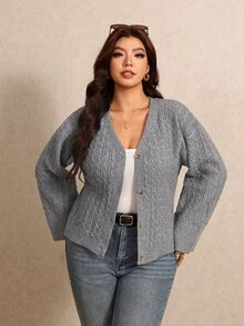 Elaquor Plus Size Women's Cable Knit Long Sleeve Single-Breasted Casual Cardigan - Dark Grey - View 4