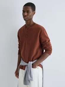 Merionis Men's Solid Color Long Sleeve Button Half-Placket Casual Sweatshirt - Mocha Brown - View 4