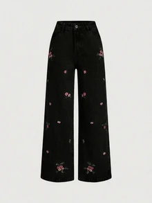 Sweetra Embroidered Casual Women's Jeans - Black - View 4