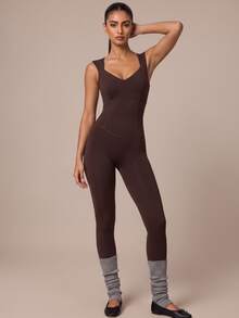 SHEIN BAE Women's Solid Color Backless Tie Design Sleeveless Sports Jumpsuit - Coffee Brown - View 6