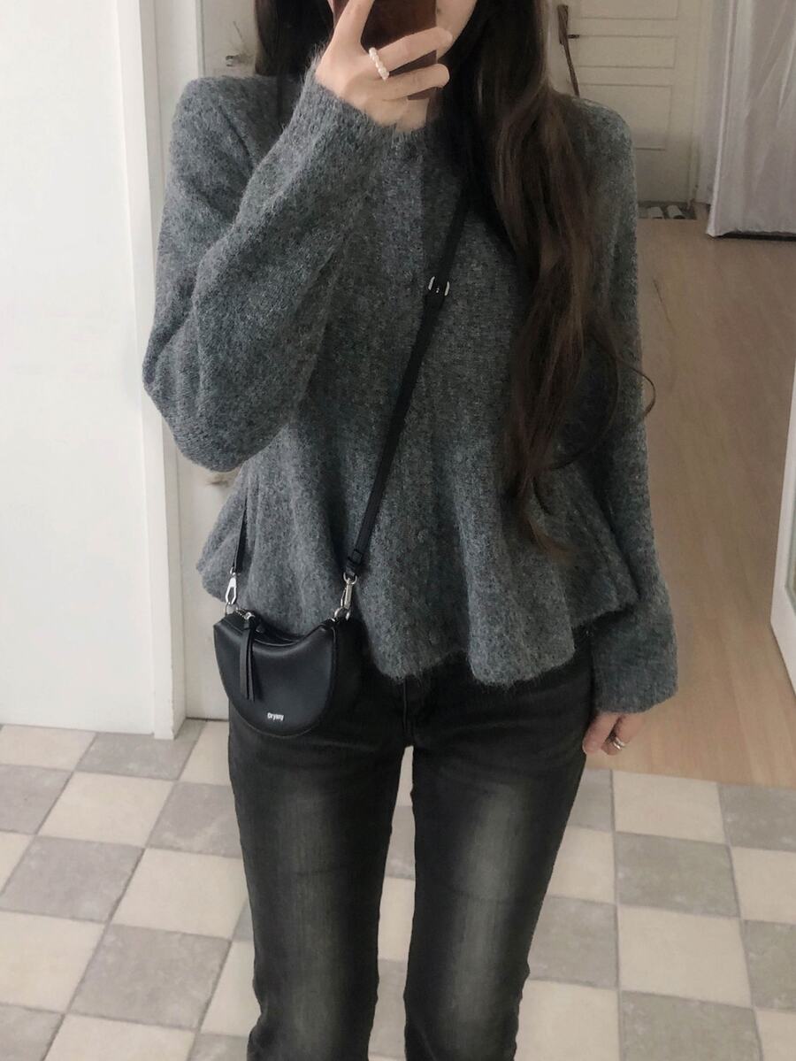 DAZY Women's Round Neck Ruffle Trim Long Sleeve Cardigan, Elegant Autumn/Winter Style - Grey - View 1