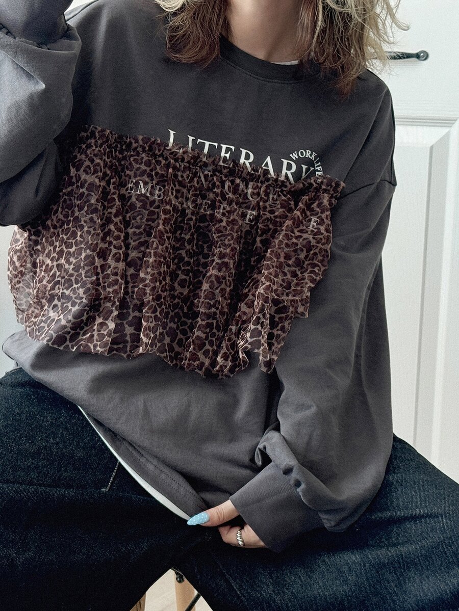 FRIFUL Women's Autumn Patchwork Leopard Print Mesh Letter Print Pure Cotton T-Shirt - Grey - View 1