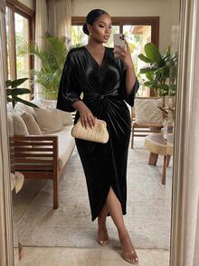 SHEIN Lady CURVE Plus Size Elegant Party Knot Waist Dress - Black - View 5