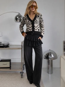 SHEIN Vintage Geometric Pattern Button Front Soft Knit Cardigan Sweater - Black and White - View 2