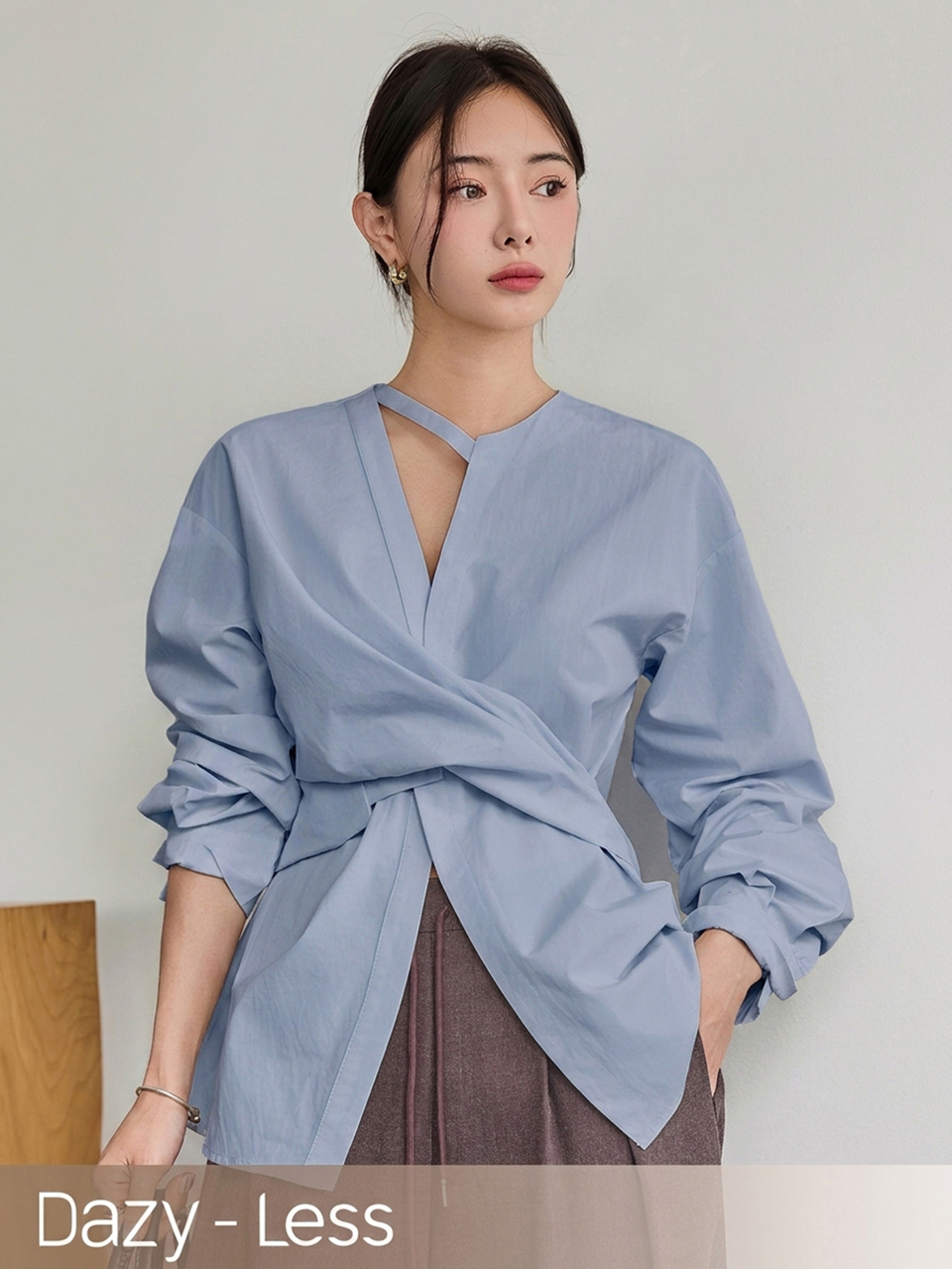 Women's Solid Color Asymmetric Collar Back Waist Tie Casual Shirt