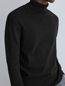 Merionis Men's Solid Color High Neck Long Sleeve Casual Versatile Sweater - Black - View 5