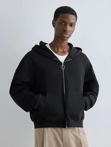 Merionis Men's Solid Color Drop Shoulder Long Sleeve Zip-Up Casual Hoodie - Black - View 3