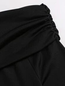 Sweetra Women's Black Spring/Autumn Elegant Casual Comfortable Versatile Off Shoulder Ruched Waist Fitted Bowknot Design Midi Dress - Black - View 5