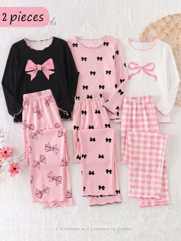 Teen Girls Pajamas New Butterfly Print Loose Colorblock Wavy Trim Long Sleeve Long Pants 2-Piece Set Casual Autumn/Winter Pajamas