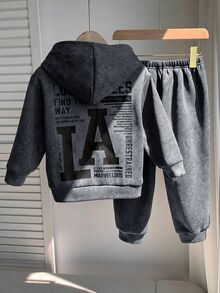 SHEIN 2件組兒童小男孩秋冬休閒長袖連帽衛衣與運動長褲套裝，男孩慢跑運動套裝 - 深灰色 - 查看 5