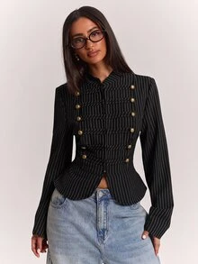 SHEIN BAE 時尚設計結飾鈕扣裝飾休閒通勤長袖夾克 - 黑色 - 查看 6