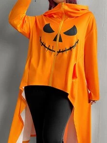 Whyspr Plus Size Halloween Pumpkin Graphic Print Jacket Fall - Orange - View 6