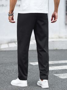 Manfinity Homme 男士休閒百搭純色抽繩腰長褲 - 黑色 - 查看 2