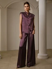 ZEYLAH Jumpsuit Wanita Polos Kancing Tunggal dengan Desain Lipit dan Kaki Lebar yang Elegan - Purple - View 6