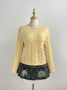 Elamini Women's Yellow Loose Casual Versatile Textured Cable Knit Pullover Sweater For Daily Commute, Autumn/Winter - Yellow - View 4