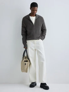 Merionis Men's Solid Color Long Sleeve Zipper Front Casual Knit Cardigan - Dark Grey - View 3