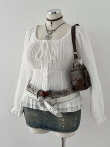 Sunspun Cute Square Neck Long Sleeve Fitted Petal Sleeve Cropped Blouse Plus Size Autumn - White - View 6