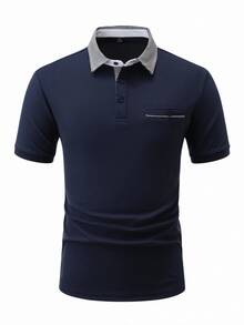 Manfinity Homme 大尺碼男士拼接格紋短袖休閒 Polo 衫 - 藏蓝色 - 查看 6