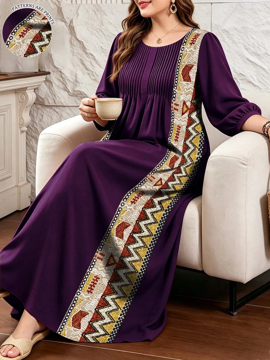 Lacomfia Vintage Geometric Striped Pattern Plus Size Women's Dress, Spring/Summer Fashion Round Neck With Pleated Design, Mid-Length Sleeves, Cinched Waist, Full Skirt, Long Length, Bohemian Style - Multicolor - View 1