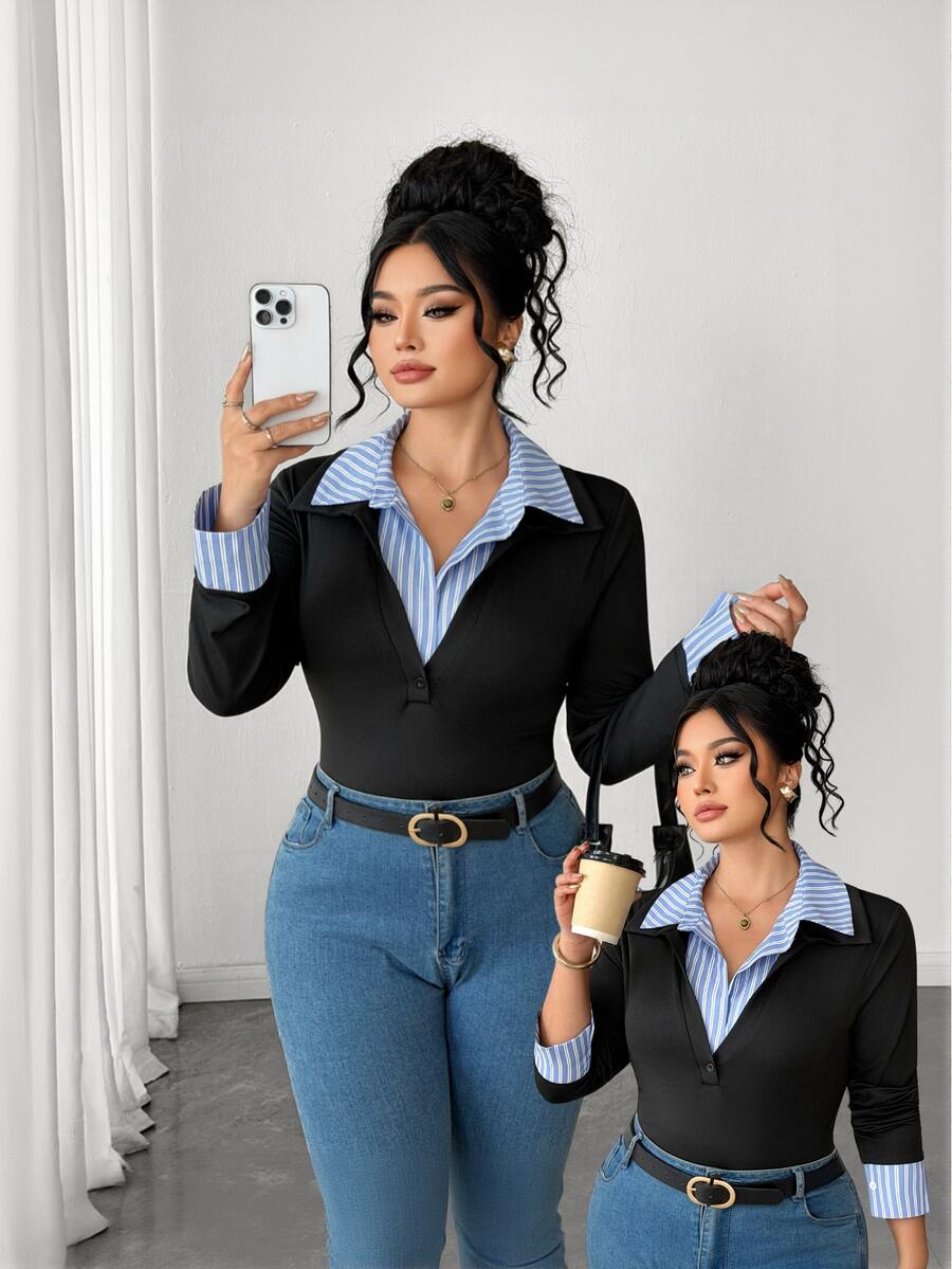 Elenzga Plus Size Women's Sexy High-End Contrast Color 2 In 1 POLO Collar Top, Spring Slim Fit Flattering Inner Layer Base Shirt, - Multicolor - View 1