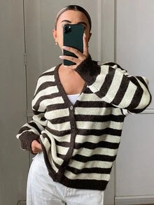 DAZY Women's Autumn/Winter Casual Color-Block Striped Cardigan - Brown - View 3