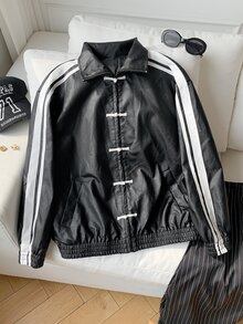 Comfortcana 女款休閒夾克，側邊條紋與盤扣設計 - 黑色 - 查看 4