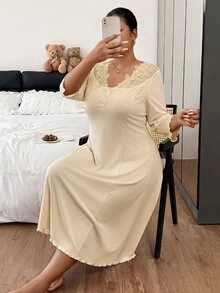 Napfluff CURVE Napfluff CURVE Plus Size V-Neck Nightgown With Heavy Floral Collar Decor, Lettuce Edge And Small Front Opening - Apricot - View 1